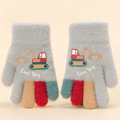 Kids Winter Gloves - Cute Excavator Cartoon Knitted Mittens for Boys & Girls (Ages 7-13)