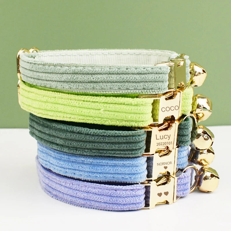 Personalized Corduroy Cat Collar with Engraved Name Plate, Bell & Bow Tie - Custom Breakaway Safety Collar
