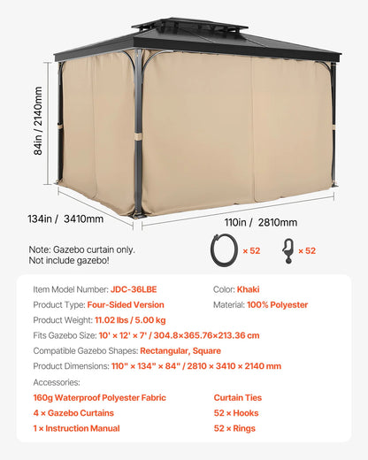 VEVOR Gazebo Curtains 4-Panel Sidewall Gazebo Privacy Curtains with Zippers Universal Sunshade Curtains Replacement for Patio