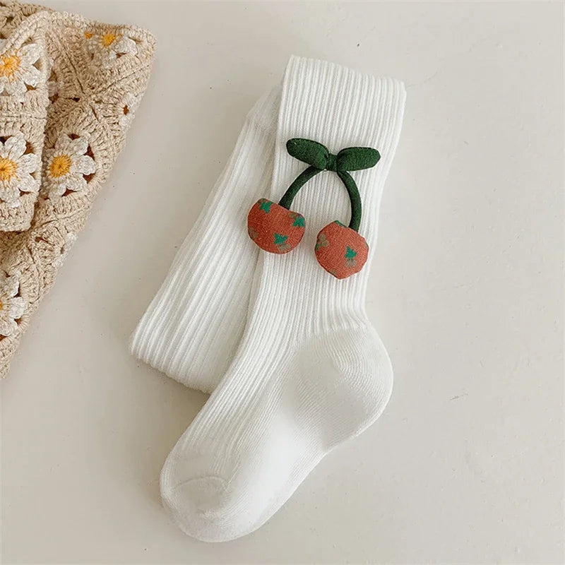 Girls Cotton Tights with Cherry Pattern - Soft Pantyhose for Kids Ages 2-10 Years