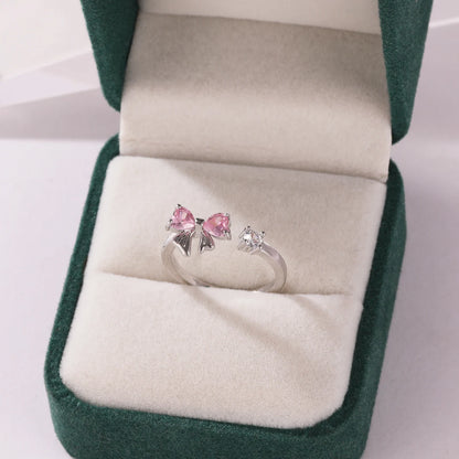 Pink Zircon Bow Heart Rings For Women Gold Plated 18K Plated Adjustable Heart Ring 2026 Trend Wedding Aesthetic Jewelry Gift