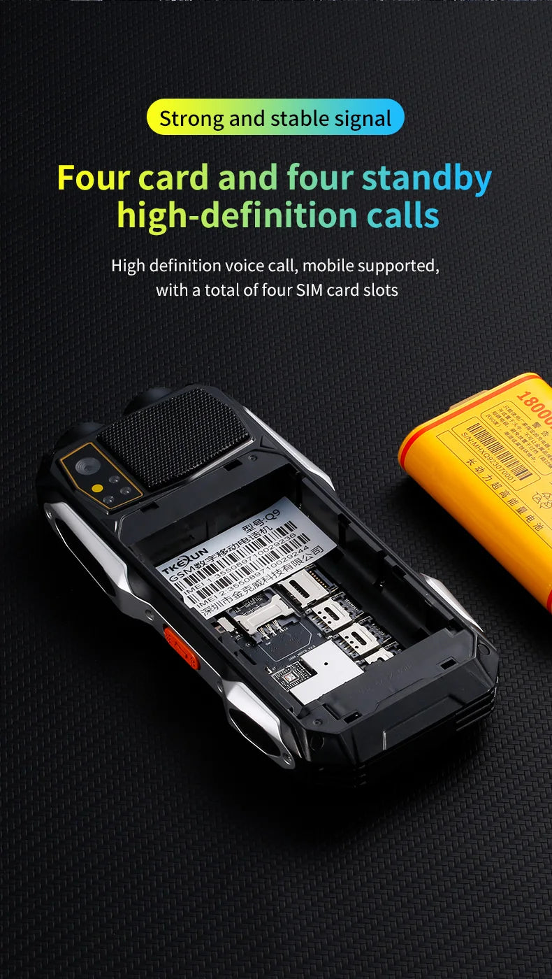 Q9 GSM 2G Network Mobile Phone 4 SIM Cards Rugged Bar Cellphone 3.5Inch HD Display Big Battery Loud Voice For Elderly