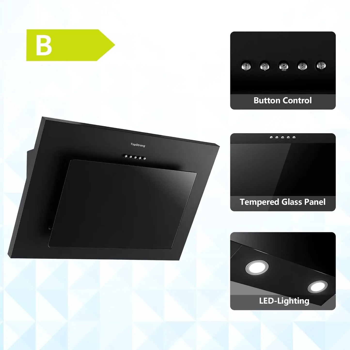 TopStrong 60cm Wall Mount Tempered Glass Stainless Steel Range Cooker Extractor Hood UKGV4760