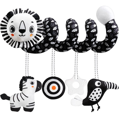 Newborns Spiral Hanging Activity Stroller Toy Baby Carseat Toy Black & White Lion Koala Rattle  for Crib Mobile Sensory Toy Gift