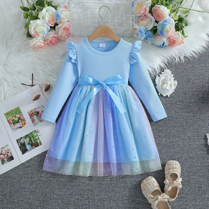 Girls Dress Blue Autumn Princess Dress Kids Clothes Birthday Party Dress Pink Long-sleeved for Children Fashion Rainbow 1-6Y