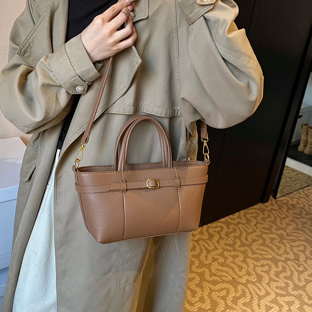 Brand Women's Bag Luxury Designer Handbag PU Buckle Design Top Handle Bag Large Capacity Stylish Satchel Solid Shoulder Bag 2025