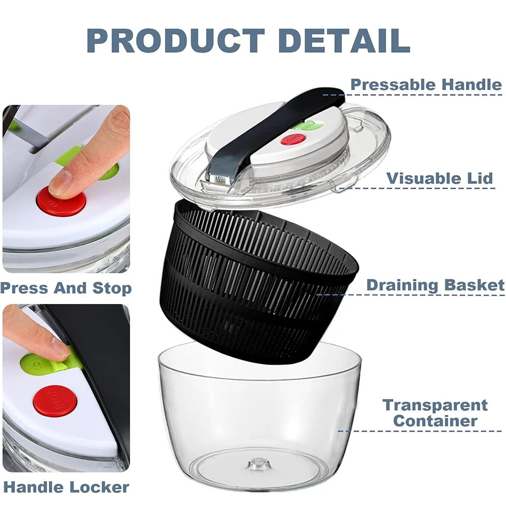 LMETJMA 3L Salatschleuder, große Salatschüssel mit Deckel, einhändig bedienbar, leicht zu bedienen, Salatschleuder, Waschmaschine, Trockner, Abtropfgerät, Mixer JT249