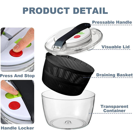 LMETJMA 3L Salatschleuder, große Salatschüssel mit Deckel, einhändig bedienbar, leicht zu bedienen, Salatschleuder, Waschmaschine, Trockner, Abtropfgerät, Mixer JT249