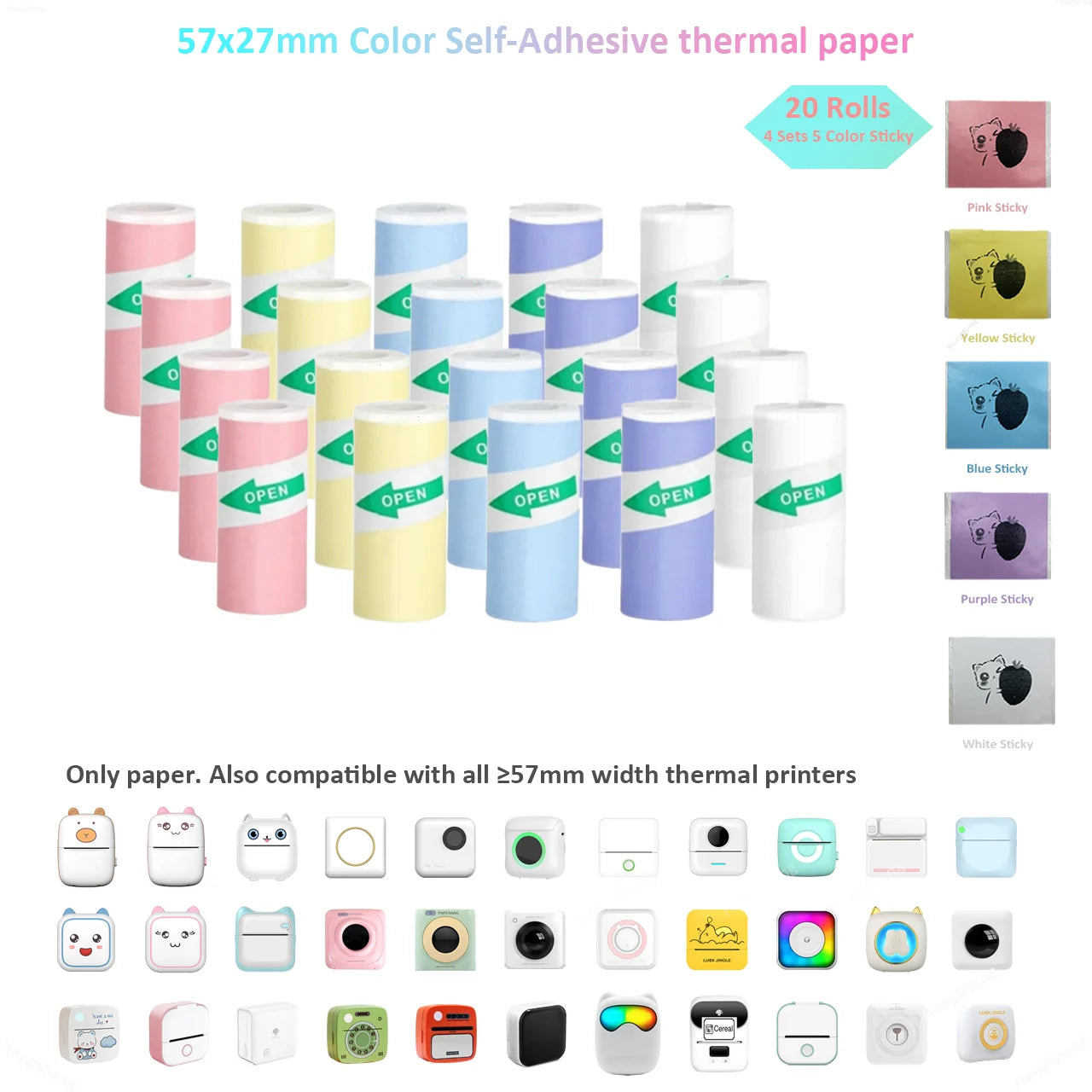 Color Label Sticker Mini Printer Thermal Paper 57mm 10ft Self-adhesive Thermal Printing Paper For Inkless Printing Photo Picture