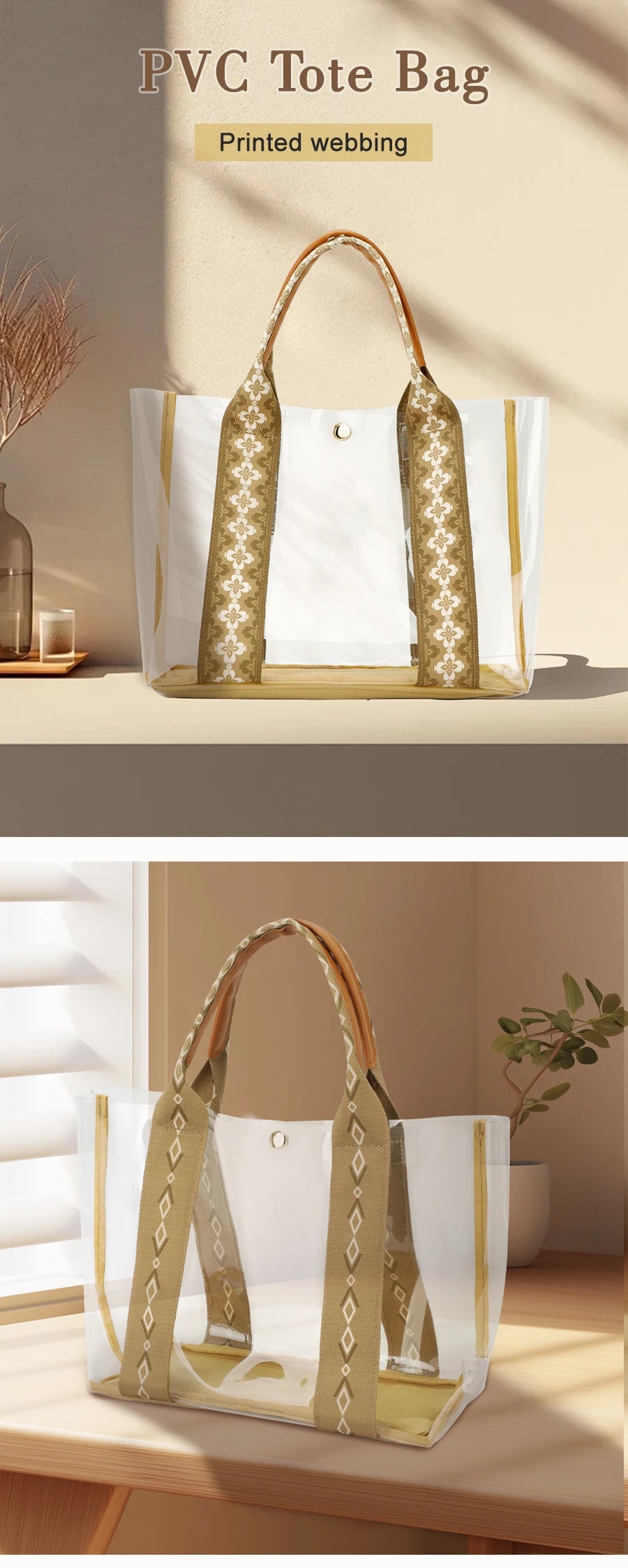 TINYAT Khaki Bohemian Style Clear PVC Tote Bag for Women, Transparent Shopper Clutch Purse for Daily Use and Music Festivals