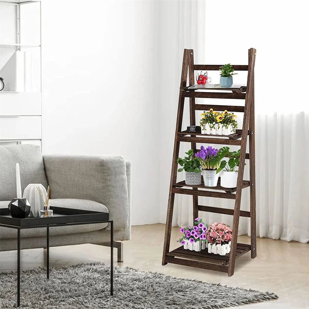 Folding 4 Tier Ladder Shelf, Storage Shelving Unit, Wooden Bookcase, Plant Flower Display Rack, Indoor Rack