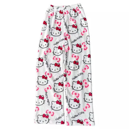 Halloween Cartoon Hello Kitty Flannel Pajamas Women's Autumn and Winter Plus Velvet Warm Casual Home Graffiti Pants