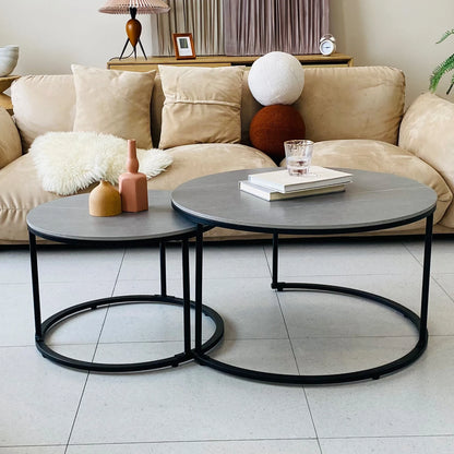 Modern Nesting Round Grey Marble Top Coffee Table Set Sintered Stone Table Metal Legs Home Furniture