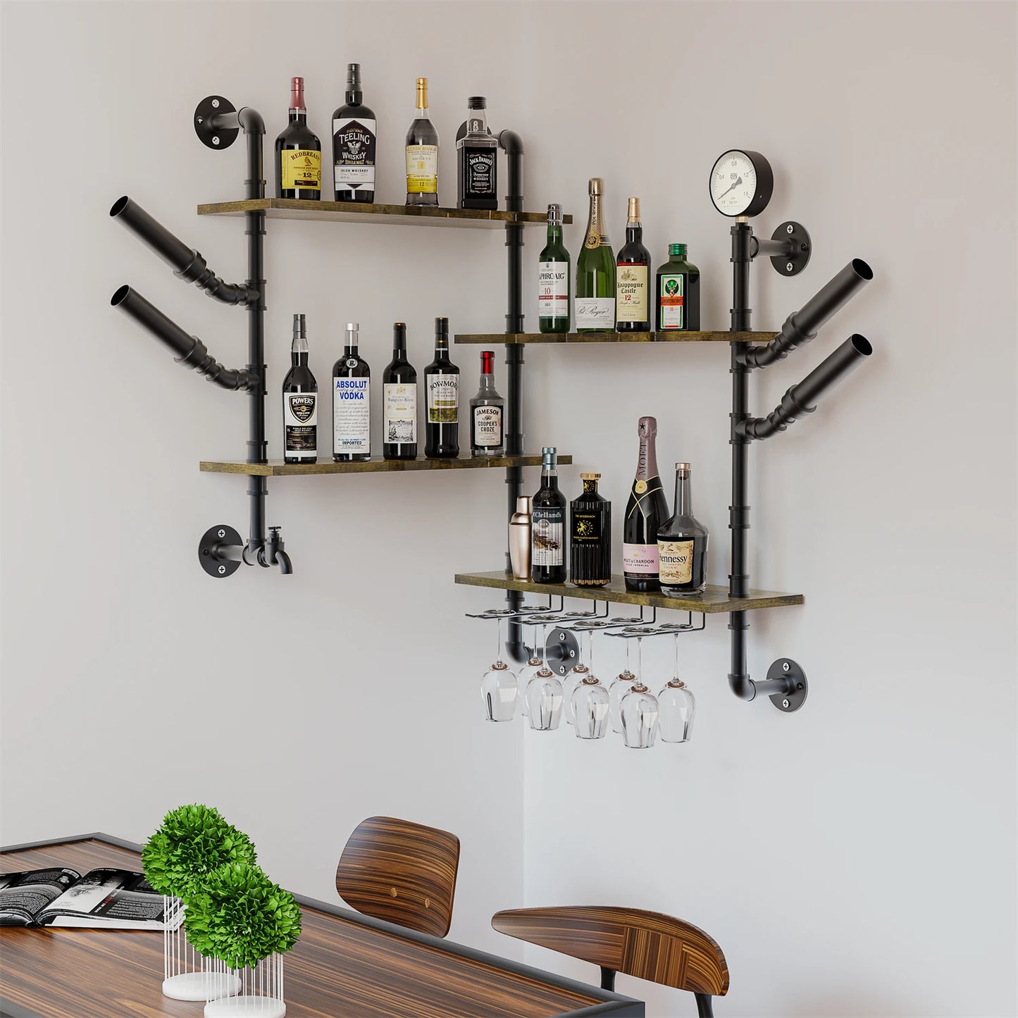 Pipe Bar Liquor Shelf, Floating Shelves with Wine Glass Holder, Wall Black Shelving Unit for Living Room and Kitchen