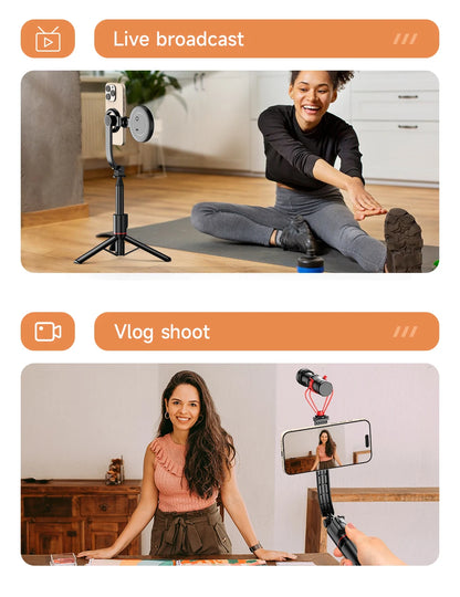 Magnetic Selfie Stick Tripod with Bluetooth Remote Magsafe Cellphone Stand for iPhone 14 13 12 Pro Max Vertical Shooting