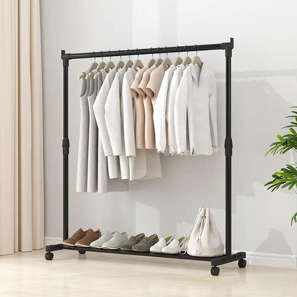 Telescopic Clothes Rack On Wheels Heavy-Duty Floor-Standing Movable Clothes Drying Rack For Clothing Store Bedroom