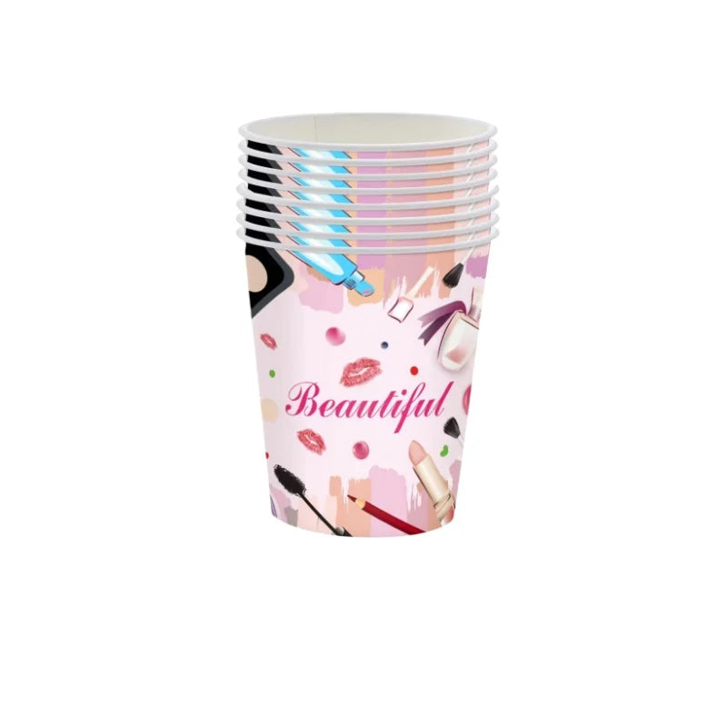 Make Up Theme Birthday Disposable Tableware Paper Plate Cups For Spa Makeup Girl Party Lipstick Red Lips Balloon Valentines Gift