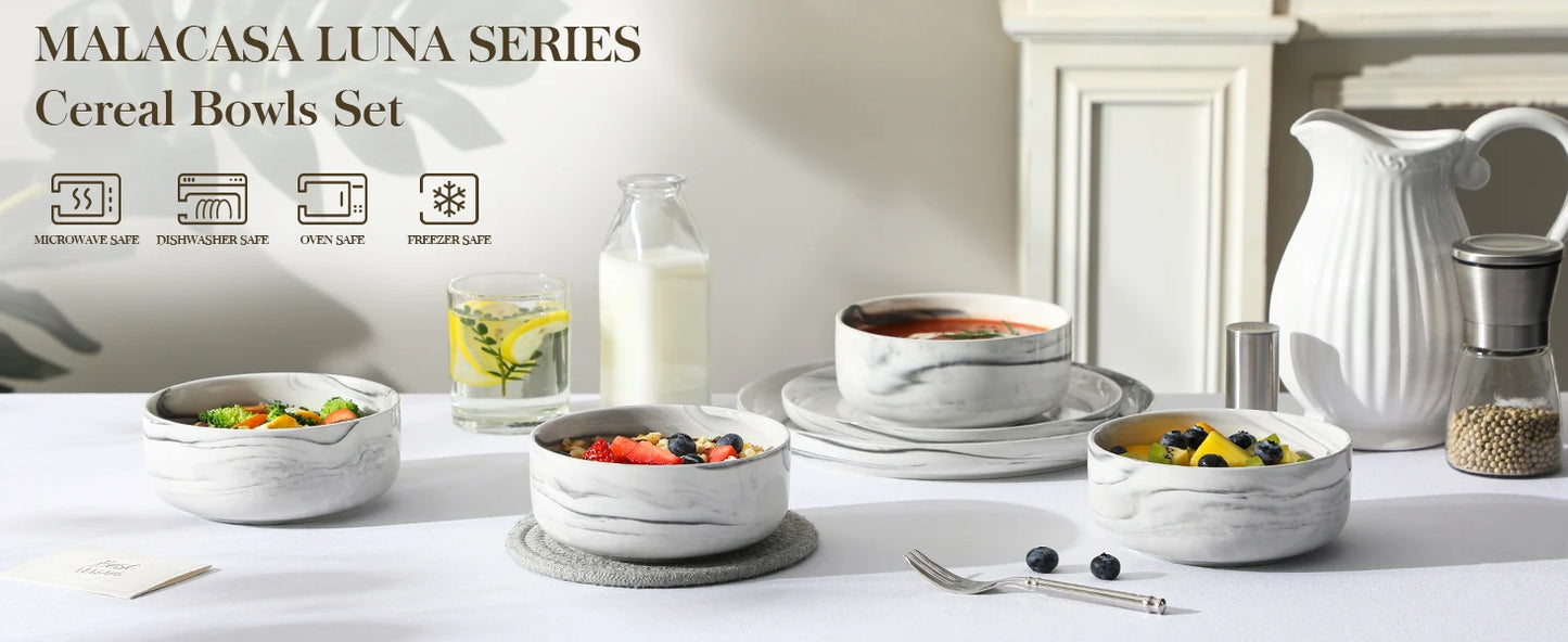 MALACASA 4 Piece Bowl 26oz Ceramic Dinnerware set White Porcelain Plates Grey Marble Tableware Set Cereal Bowls Salad Soup Bowls