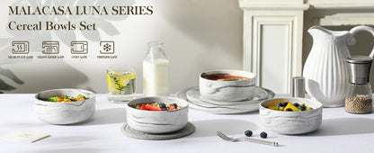 MALACASA 4 Piece Bowl 26oz Ceramic Dinnerware set White Porcelain Plates Grey Marble Tableware Set Cereal Bowls Salad Soup Bowls