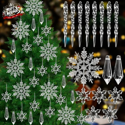 5-48Pcs Christmas Ornaments Crystal Tree Decorations Transparent Ice Strip Pendant DIY Teardrop Chandelier Xmas Wedding Beads