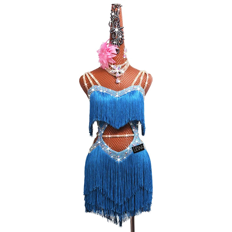 New professional Latin dance competition performance dress with sea blue tassel short open waist sparkling diamond dance skirt