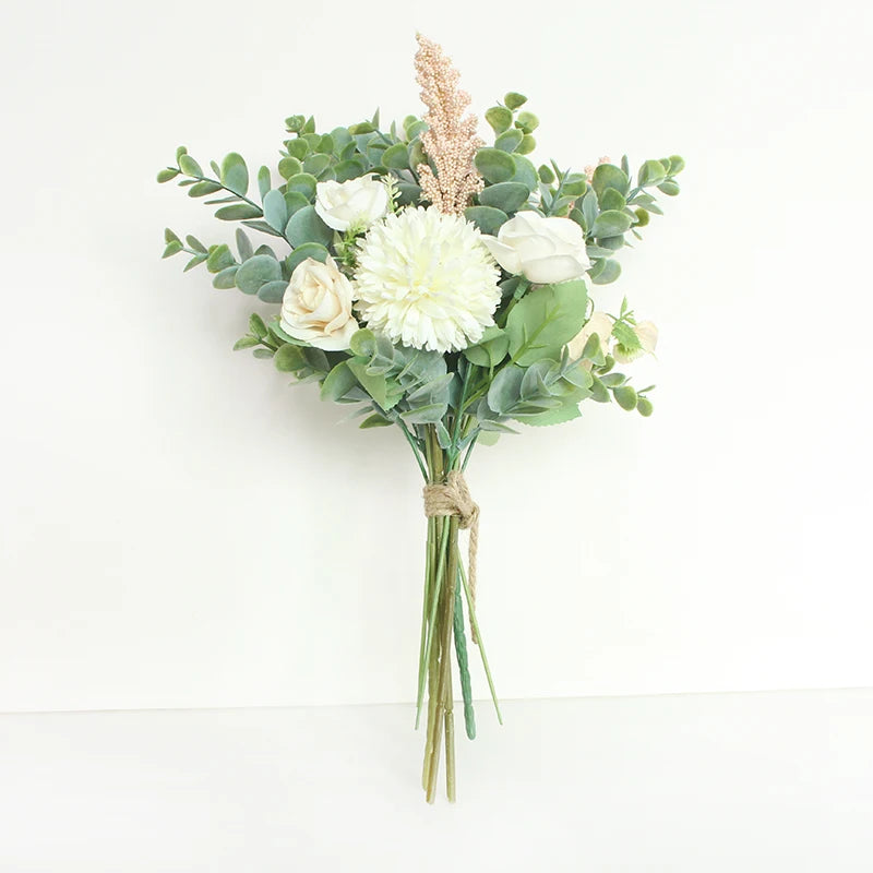 Meldel Wedding Flower Bouquet Artificial Silk Rose Lucky Ball Flower Home Wedding Decor Bride Bouquet Forest Style Eucalyptus