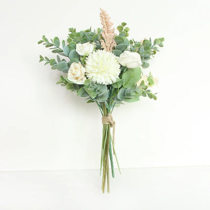 Meldel Wedding Flower Bouquet Artificial Silk Rose Lucky Ball Flower Home Wedding Decor Bride Bouquet Forest Style Eucalyptus