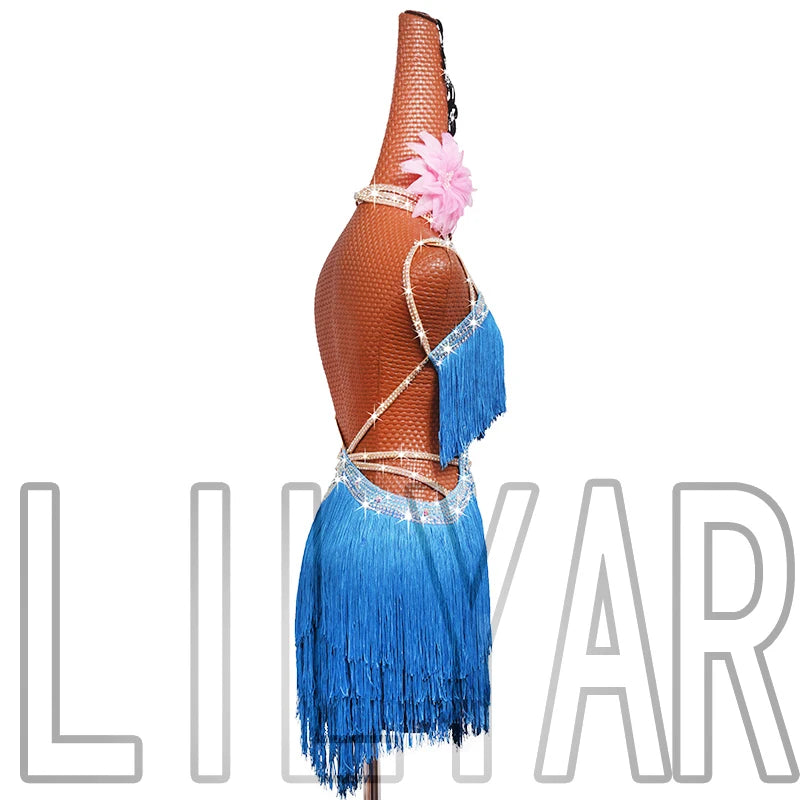 New professional Latin dance competition performance dress with sea blue tassel short open waist sparkling diamond dance skirt