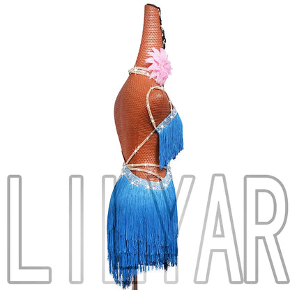 New professional Latin dance competition performance dress with sea blue tassel short open waist sparkling diamond dance skirt