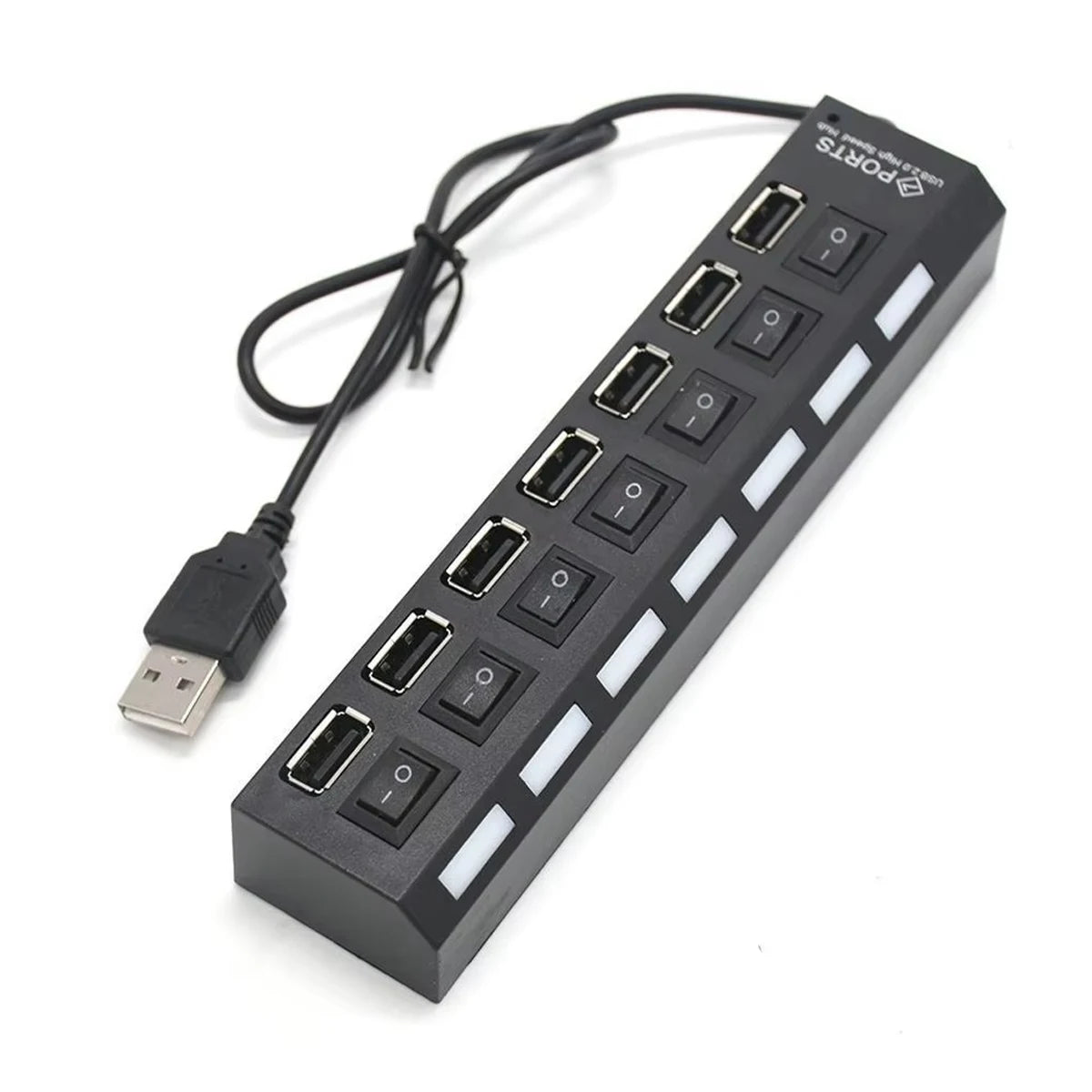 Hochgeschwindigkeits-USB-2.0-Hub mit 7 Ports, Adapter, Multi-USB-Splitter und Mehrfach-Extender mit LED-Lampenschalter für PC und Laptop