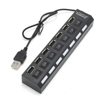 Hochgeschwindigkeits-USB-2.0-Hub mit 7 Ports, Adapter, Multi-USB-Splitter und Mehrfach-Extender mit LED-Lampenschalter für PC und Laptop