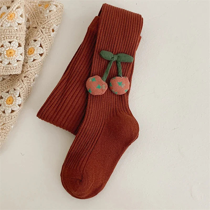 Girls Cotton Tights with Cherry Pattern - Soft Pantyhose for Kids Ages 2-10 Years