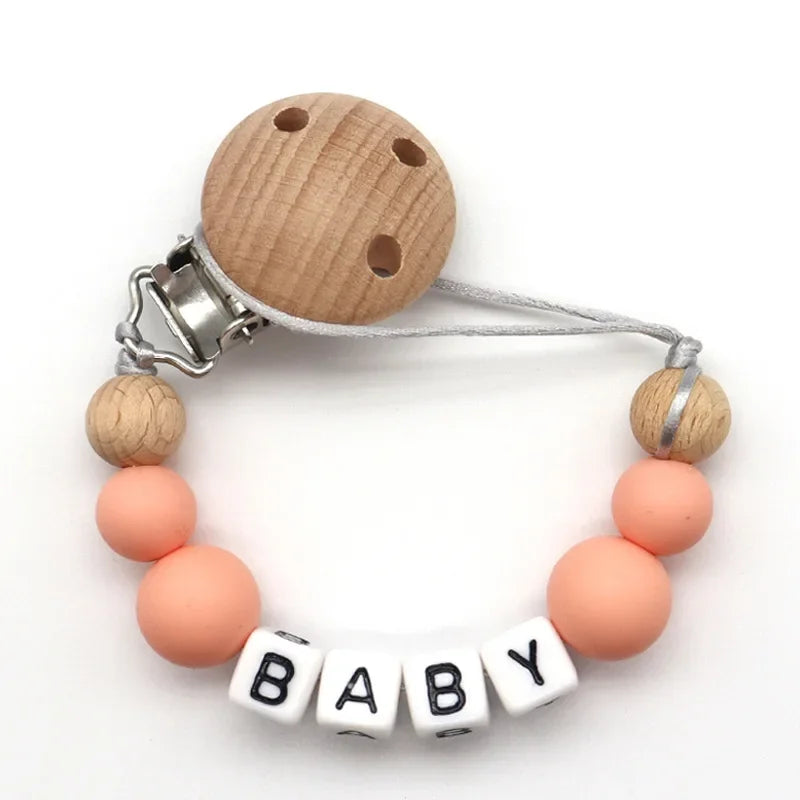 NEW Custom Personalized Name Pacifier Clip Handmade Beech Wooden Chain Silicone Crown Holder Soother Baby Teething Toy Chew Gift
