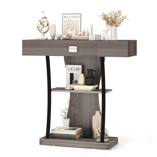 GOFLAME T-Shaped Industrial Console Table Narrow Sofa Side Table Entryway Display Shlves