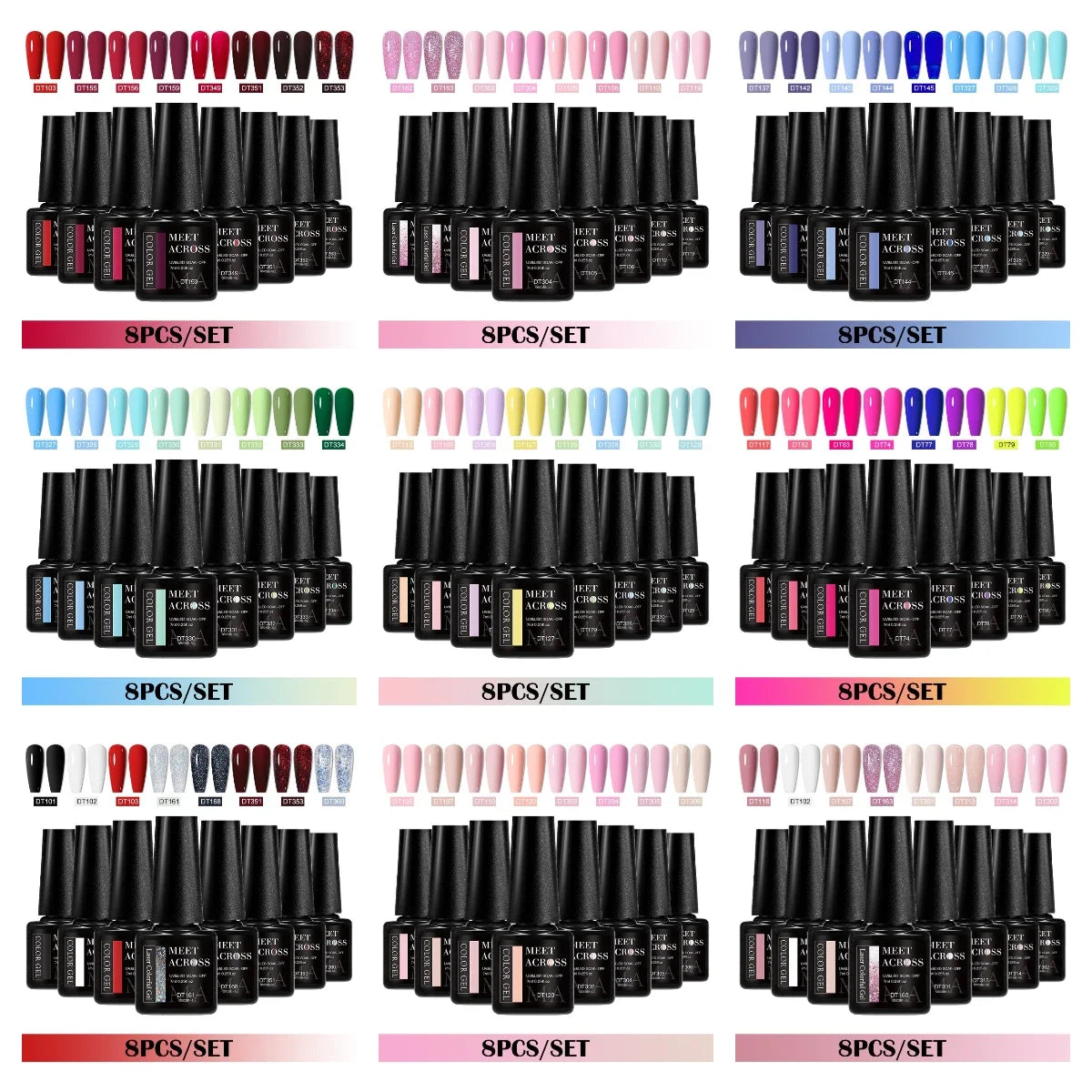 MEET ACROSS 8-teiliges Gel-Nagellack-Set für alle Jahreszeiten, Neon-Marcaron-Grün-Rot-Serie, UV-Gel-Lack-Maniküre-Set, Nagelzubehör