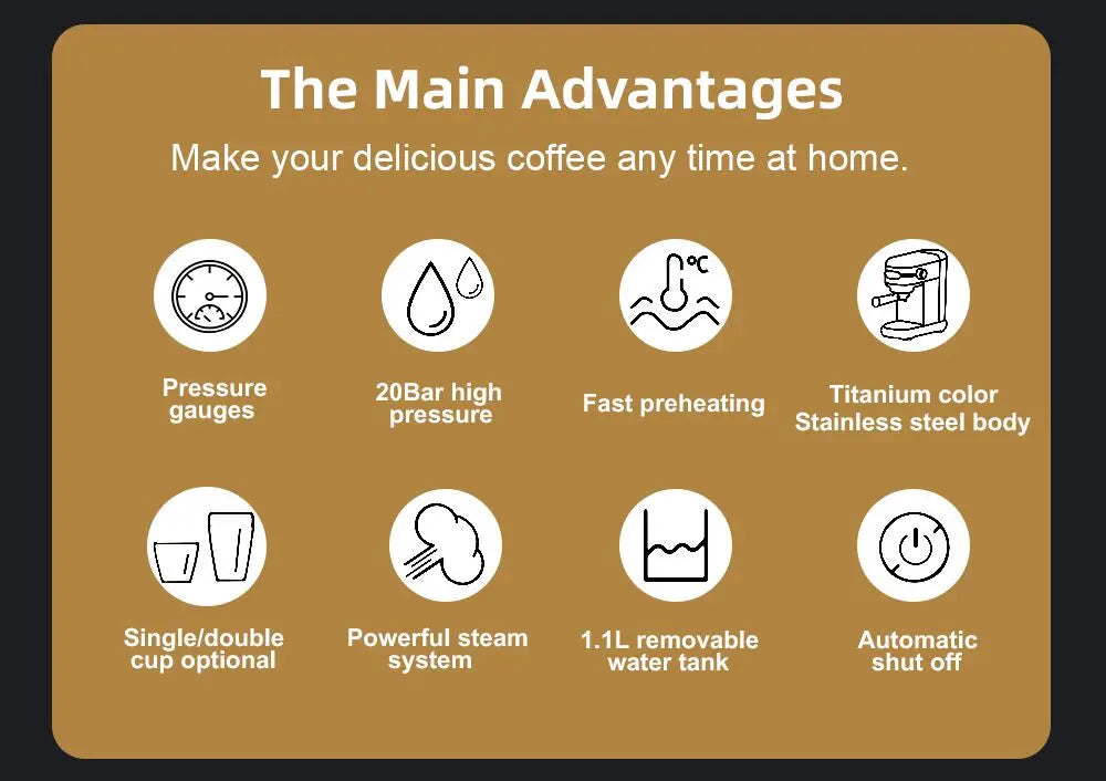 BioloMix 20 Bar Semi Automatic Powder Coffee Machine,with Milk Steam Frother Wand, for Espresso, Cappuccino, Latte and Mocha