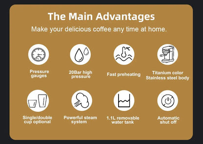 BioloMix 20 Bar Semi Automatic Powder Coffee Machine,with Milk Steam Frother Wand, for Espresso, Cappuccino, Latte and Mocha