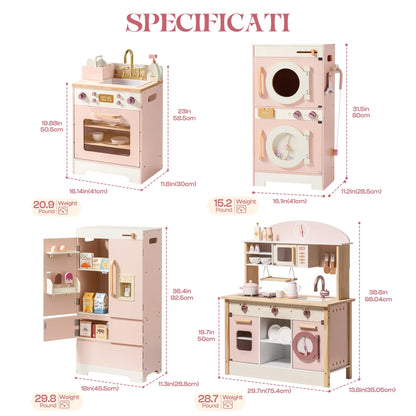 Robotime Robud Kids Corner Kitchen Playset Wooden Play Kitchen Set with Realistic Sound Pretend Play Gift for Boys Girls Pink
