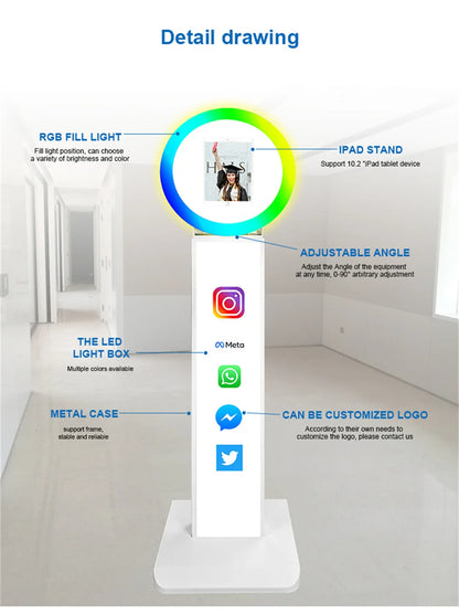 iPad Photo Booth Selfie-Maschine Shell Verstellbarer Ständer Photobooth mit LED-Ringlicht Individuelles LOGO für Hochzeitspartys und Events