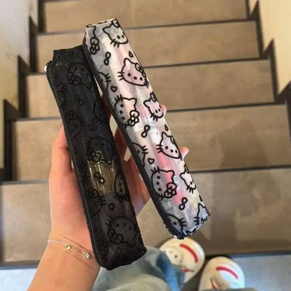 Sanrio Mesh Hello Kitty Black and White Pencil Case Zero Wallet Headphone Bag Girl's Portable Makeup Brush Storage Bag Gift