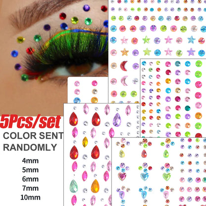 5Pcs/lot Mixed Shinying Girl Nail Glitter Face Stickers Rhinestone 3D Colorful Random Nail Face Crystal DIY Makeup Face/Body Dia