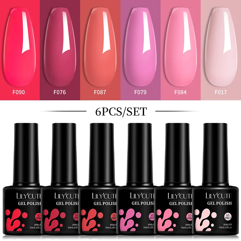 LILYCUTE 6-teiliges Set 7 ml Gel-Nagellack zum Selbermachen, leuchtend pink, semi-permanent, UV-/LED-beständig, Nageldesign-Set