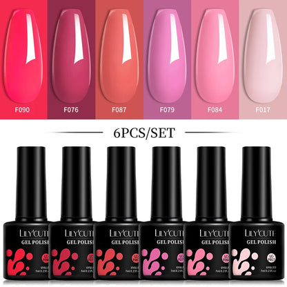 LILYCUTE 6-teiliges Set 7 ml Gel-Nagellack zum Selbermachen, leuchtend pink, semi-permanent, UV-/LED-beständig, Nageldesign-Set