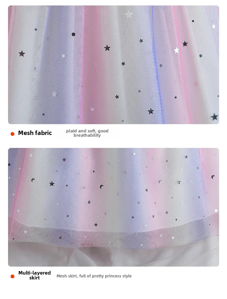 2024 Girls Long Sleeve Unicorn Birthday Dress Casual Children's Wear Rainbow Princess Skirt Sequins Mesh Gown