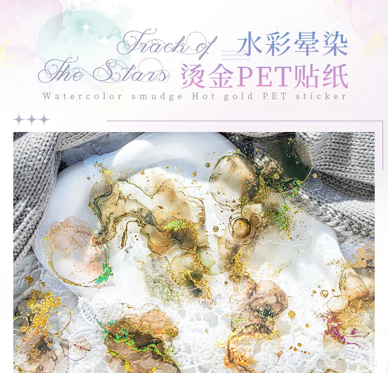 15 Pcs Creative Watercolor smudging hot stamping Stickers hand tent DIY Stick Labels Scrapbooking Material Junk Journal Supplies