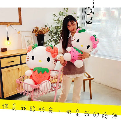 Kawaii Sanrio Hello Kitty Plush Stuffed Toy Strawberry KT Cat Pillow Doll Children's Birthday Gift Home Decoration Animal Doll