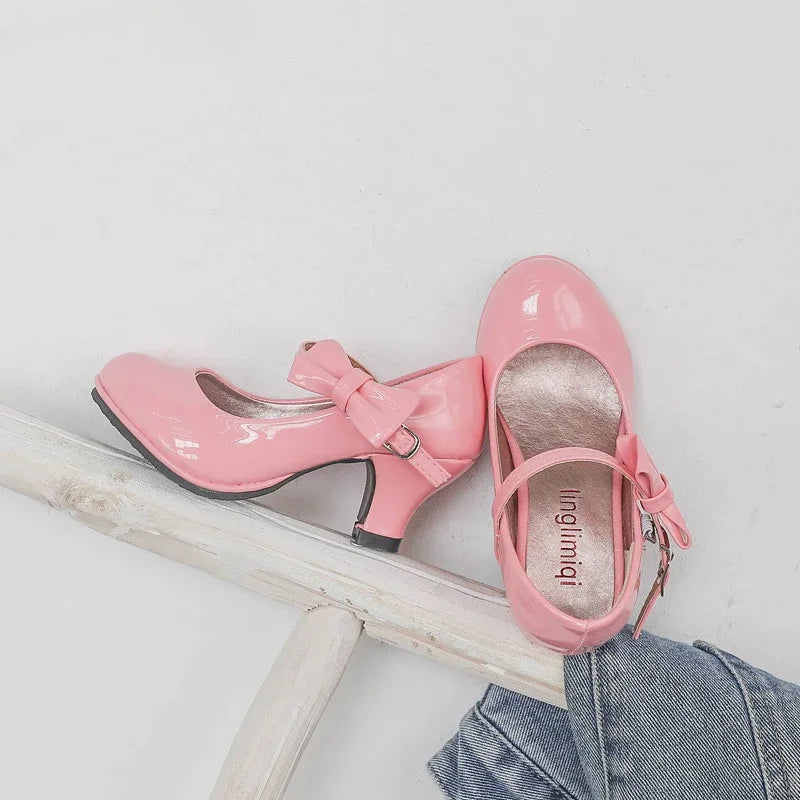 Girls High Heel Party Shoes - Glossy Bow Princess Dress Shoes for Kids
