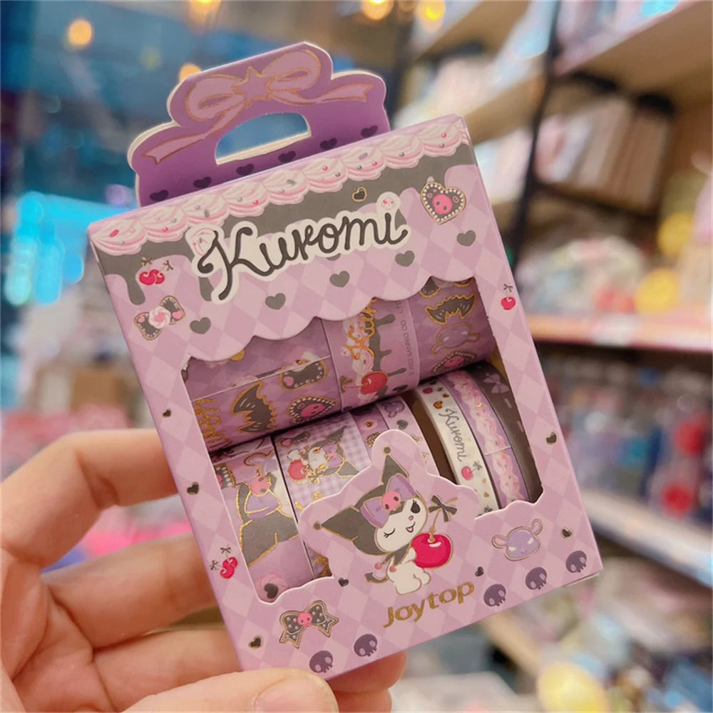 10Roll/Box Sanrio Kuromi Cinnamoroll Meloyd Tape Sticker Cute Cartoon Hello Kitty Handbook DIY Hot Stamping Stickers Kids Toys