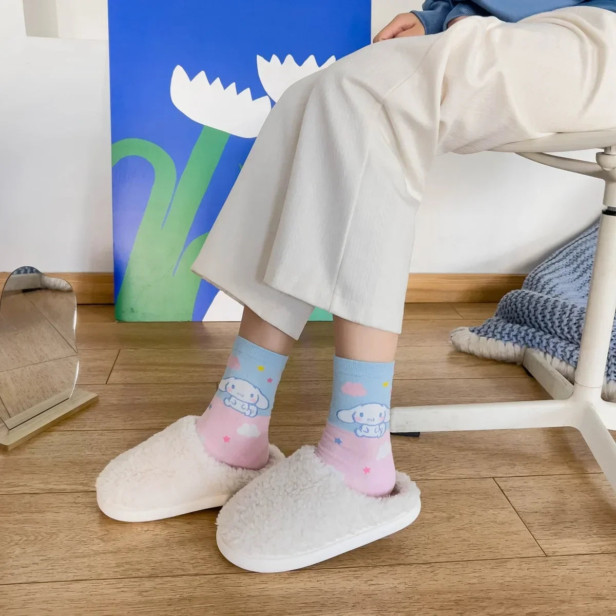 1pair Miniso Cinnamoroll Cartoon socks girl's blue combed cotton mid-tube stockings cute sanrio puppy stockings