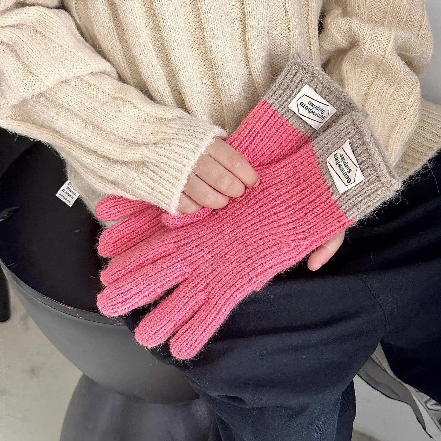 Children Thermal Knitted Gloves Winter Labeled Thickened Warm Gloves Touch Screen Striped Finger Unisex Mittens